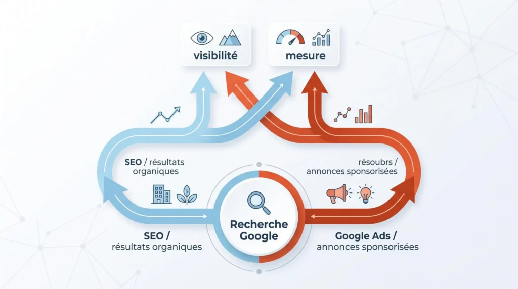 Schéma montrant SEO et Google Ads comme deux leviers distincts
